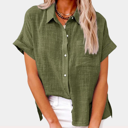 Yara | Women's Cotton Linen Blend Short Sleeve Button Down Blouse