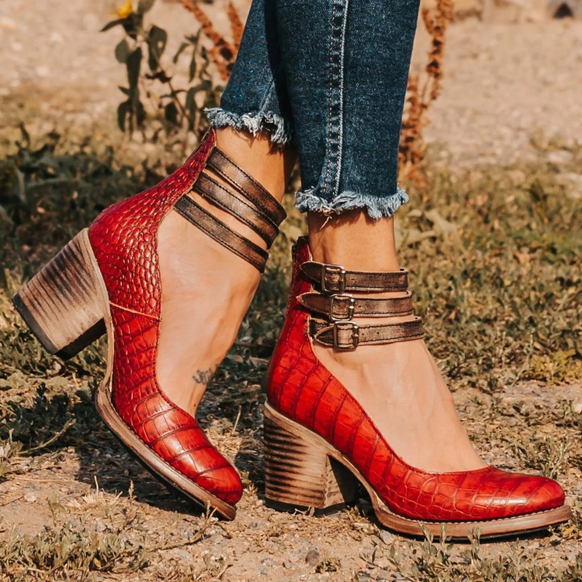 Verona | Double Buckle Ankle Strap Stacked Block Heel Boot