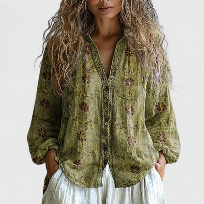 Mykayla | V Neck Long Sleeve Contrast Trim Printed Boho Linen Blouse