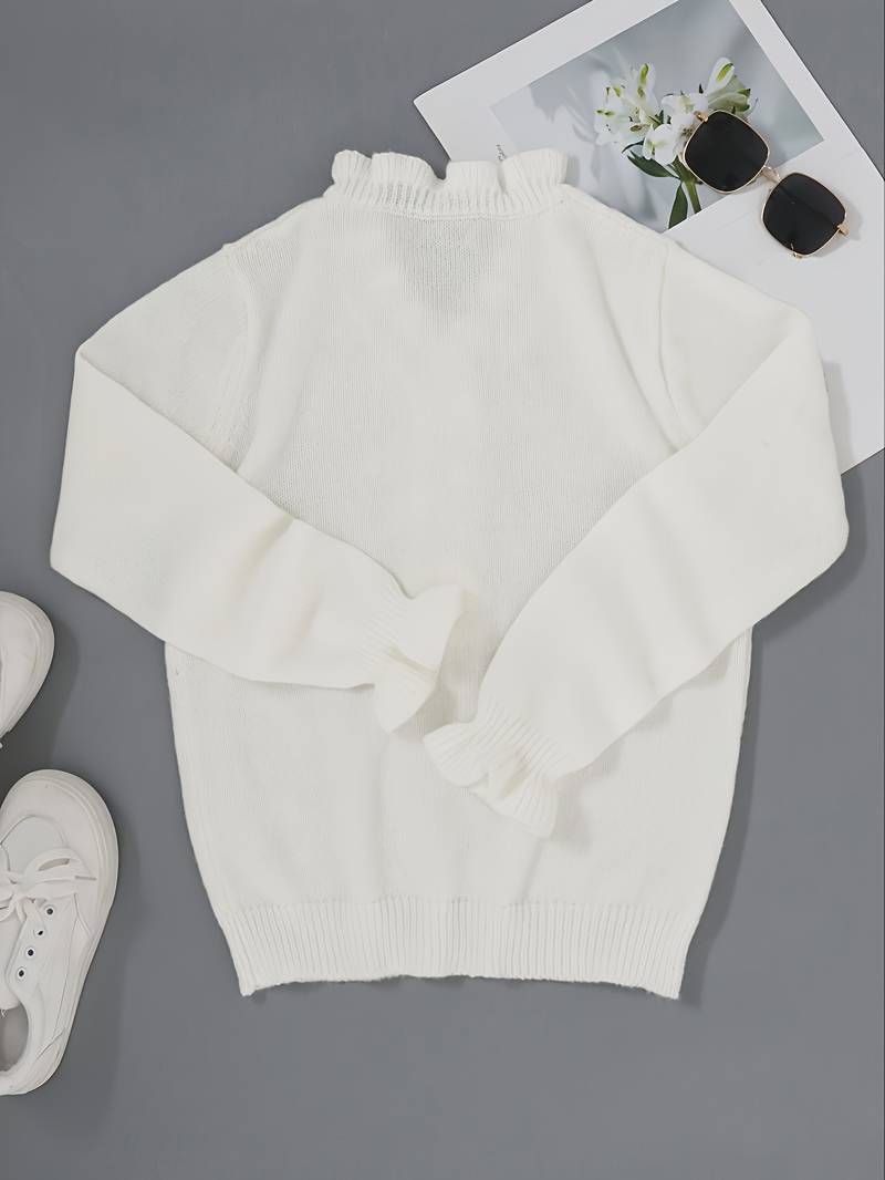 Kristi | Ruffle Trim V Neck Jewel Button Long Sleeve Casual Knit Blouse