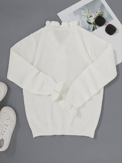 Kristi | Ruffle Trim V Neck Jewel Button Long Sleeve Casual Knit Blouse