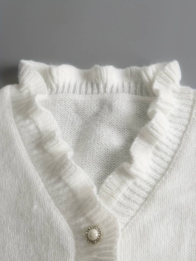 Kristi | Ruffle Trim V Neck Jewel Button Long Sleeve Casual Knit Blouse