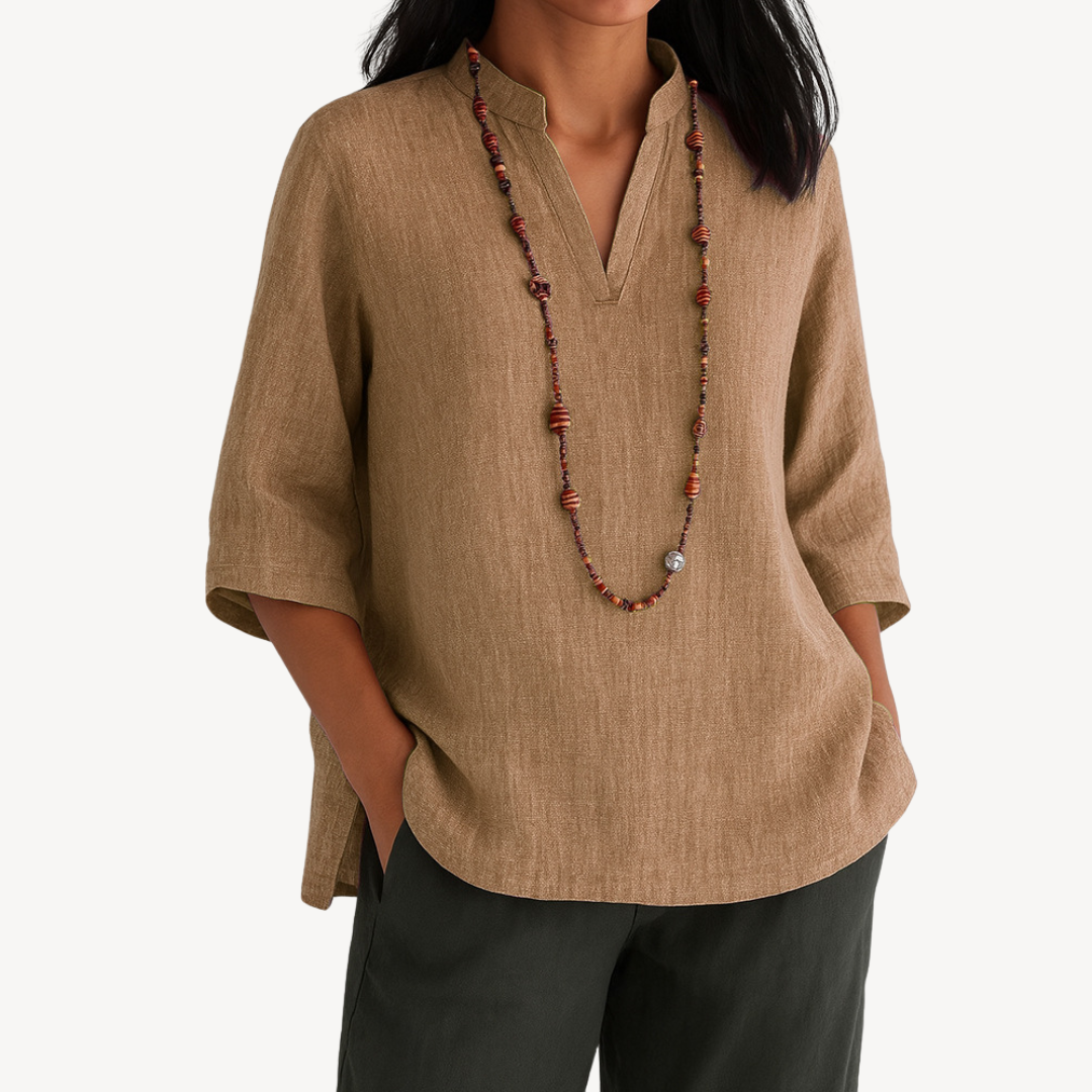 Sage | Notched V Neck 3/4 Sleeve Relaxed Linen Blend Tunic Top