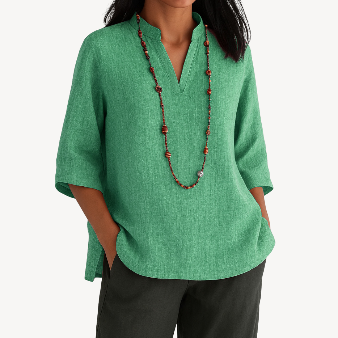 Sage | Notched V Neck 3/4 Sleeve Relaxed Linen Blend Tunic Top