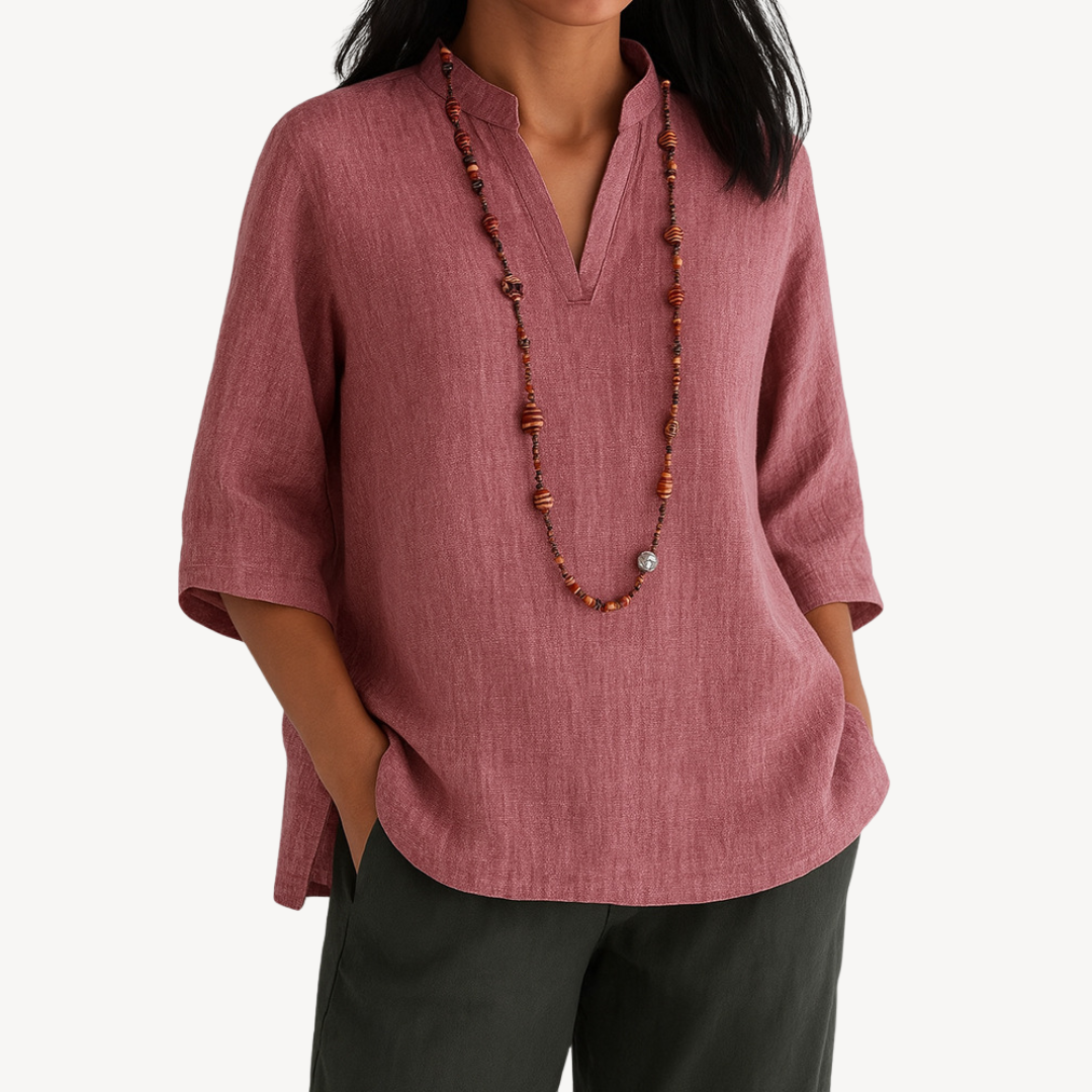 Sage | Notched V Neck 3/4 Sleeve Relaxed Linen Blend Tunic Top