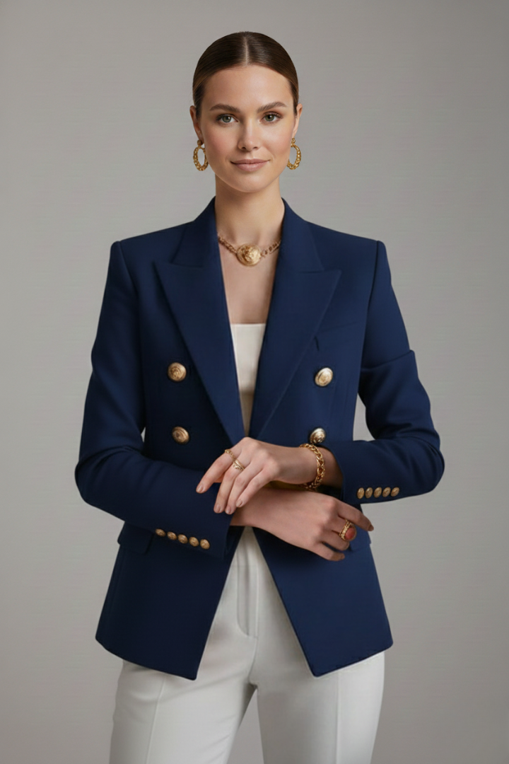 Rebecca | Double Breasted Gold Button Peaked Lapel Tailored Blazer