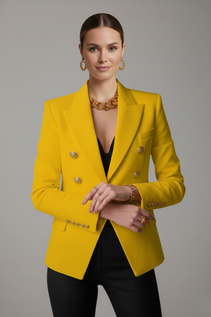 Rebecca | Double Breasted Gold Button Peaked Lapel Tailored Blazer