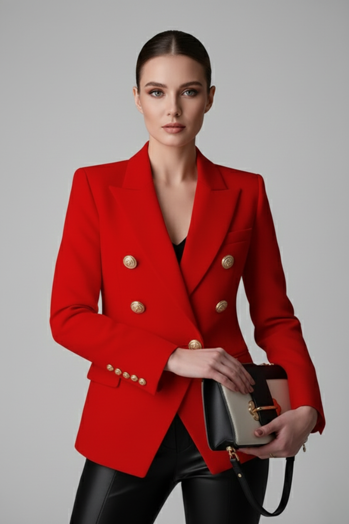 Rebecca | Double Breasted Gold Button Peaked Lapel Tailored Blazer
