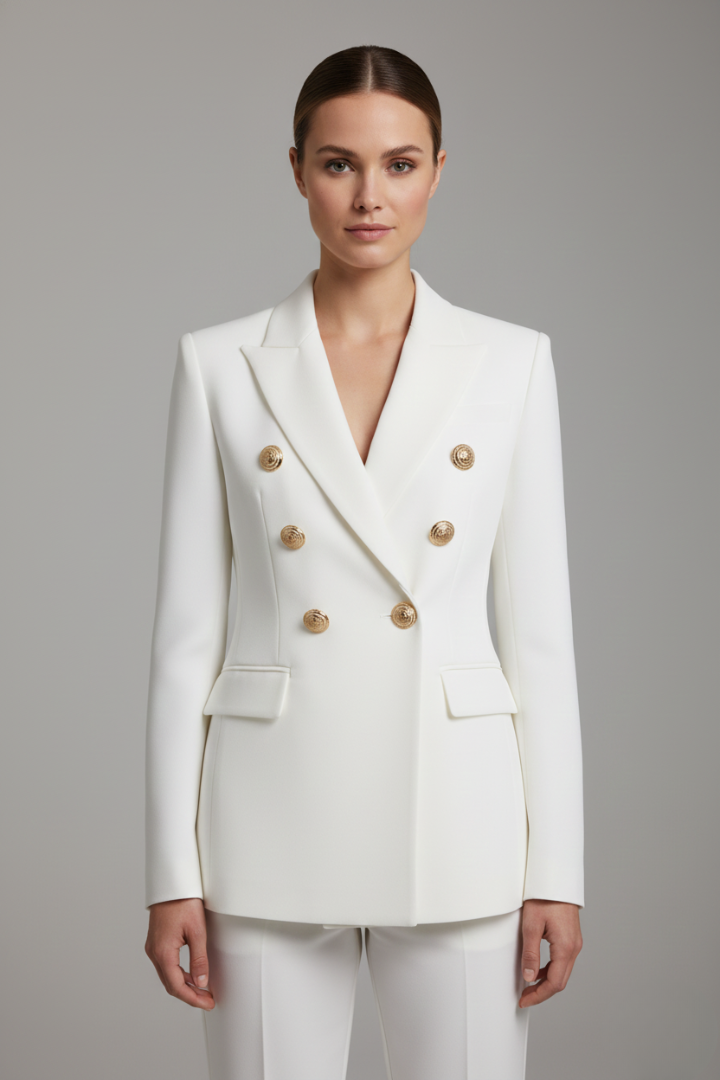 Rebecca | Double Breasted Gold Button Peaked Lapel Tailored Blazer
