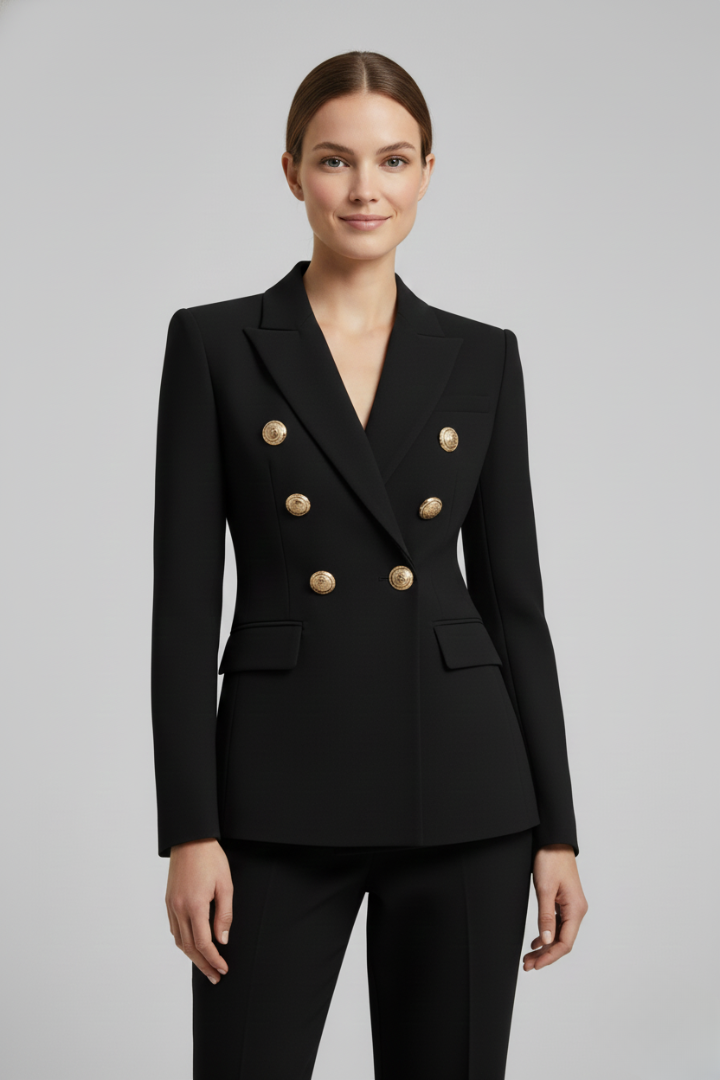 Rebecca | Double Breasted Gold Button Peaked Lapel Tailored Blazer