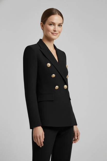 Rebecca | Double Breasted Gold Button Peaked Lapel Tailored Blazer