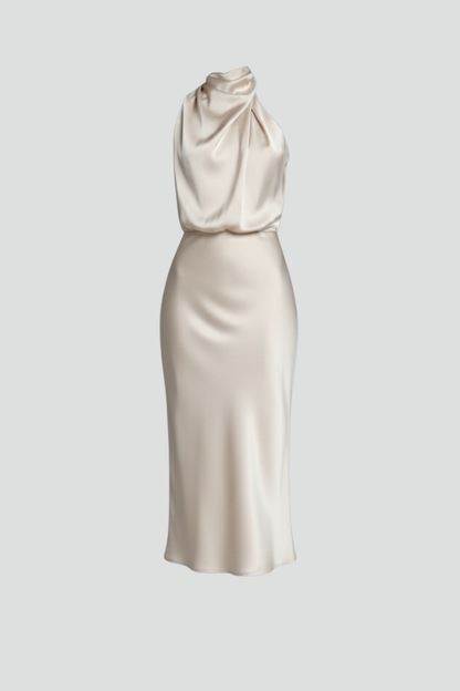 Celina | Draped High Neck Halter Sleeveless Satin Elegant Midi Dress