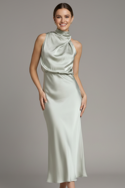 Celina | Draped High Neck Halter Sleeveless Satin Elegant Midi Dress