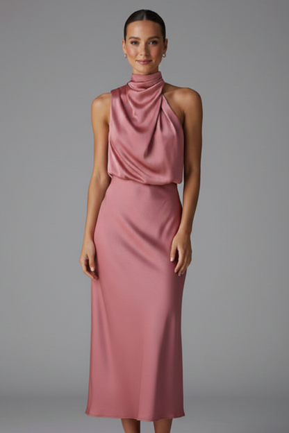 Celina | Draped High Neck Halter Sleeveless Satin Elegant Midi Dress