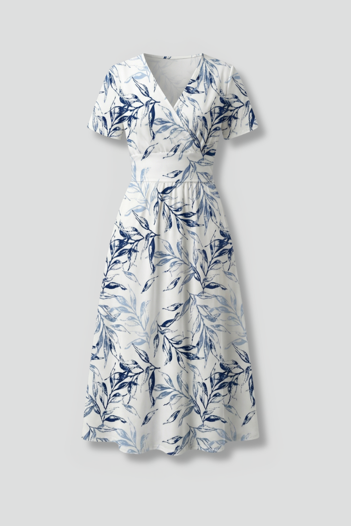 Iris | Floral Print V Neck A Line Midi Elegant Dress