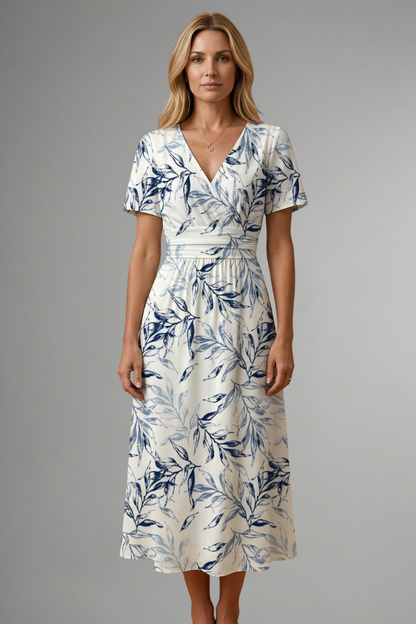 Iris | Floral Print V Neck A Line Midi Elegant Dress