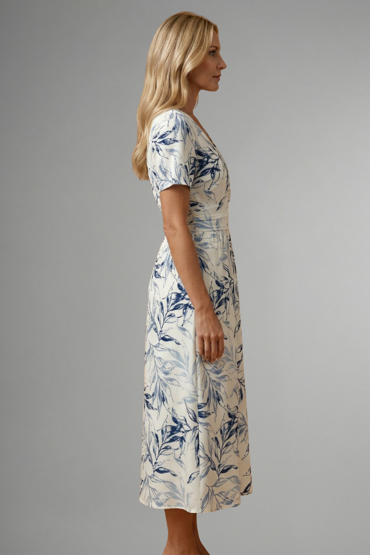 Iris | Floral Print V Neck A Line Midi Elegant Dress