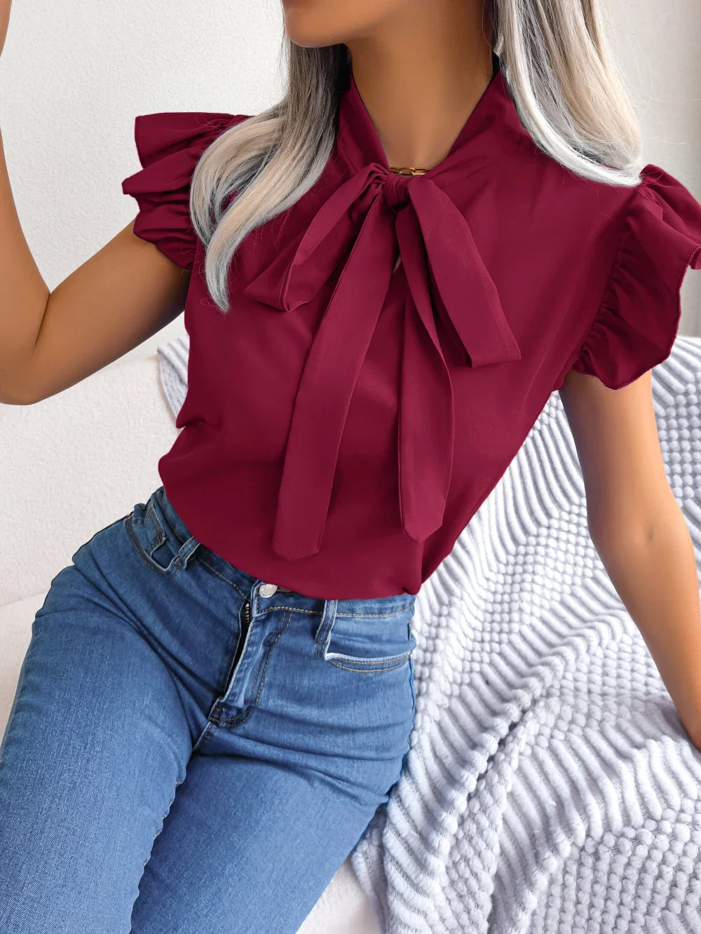Ethel | Bow Tie Neck Ruffle Shoulder Sleeveless Casual Elegant Blouse
