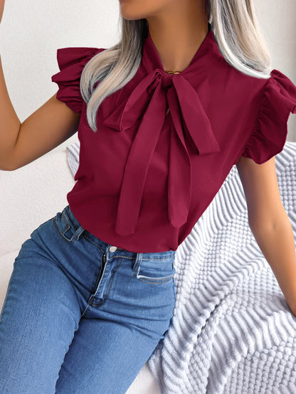 Ethel | Bow Tie Neck Ruffle Shoulder Sleeveless Casual Elegant Blouse