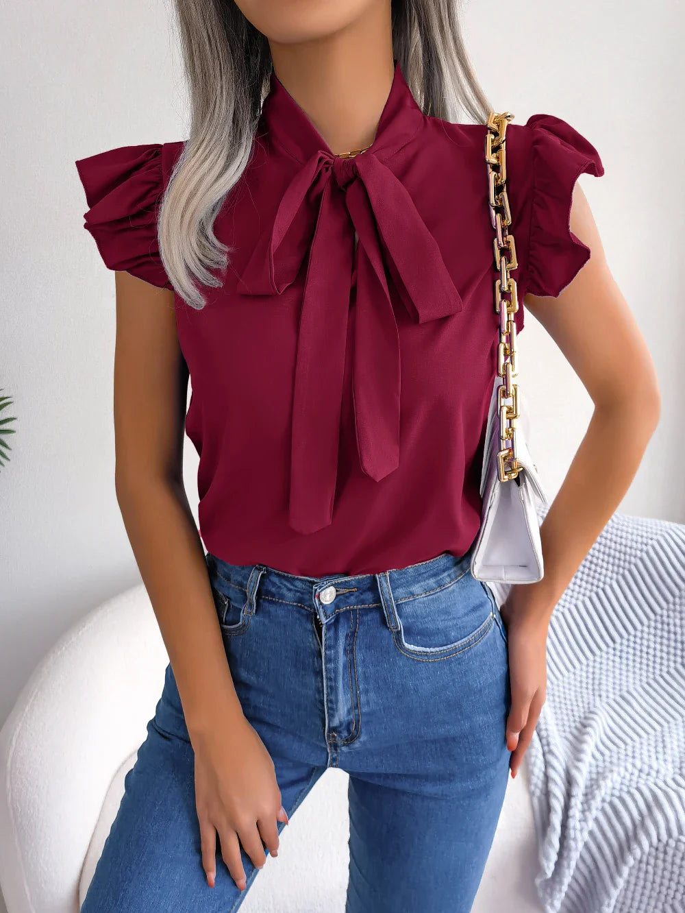 Ethel | Bow Tie Neck Ruffle Shoulder Sleeveless Casual Elegant Blouse