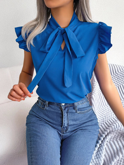 Ethel | Bow Tie Neck Ruffle Shoulder Sleeveless Casual Elegant Blouse
