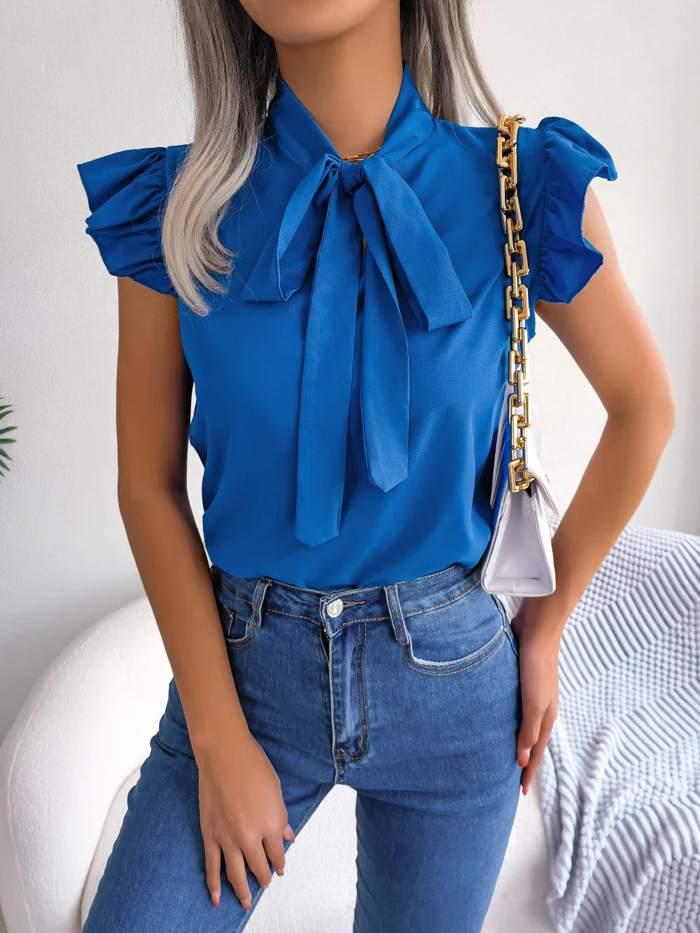 Ethel | Bow Tie Neck Ruffle Shoulder Sleeveless Casual Elegant Blouse