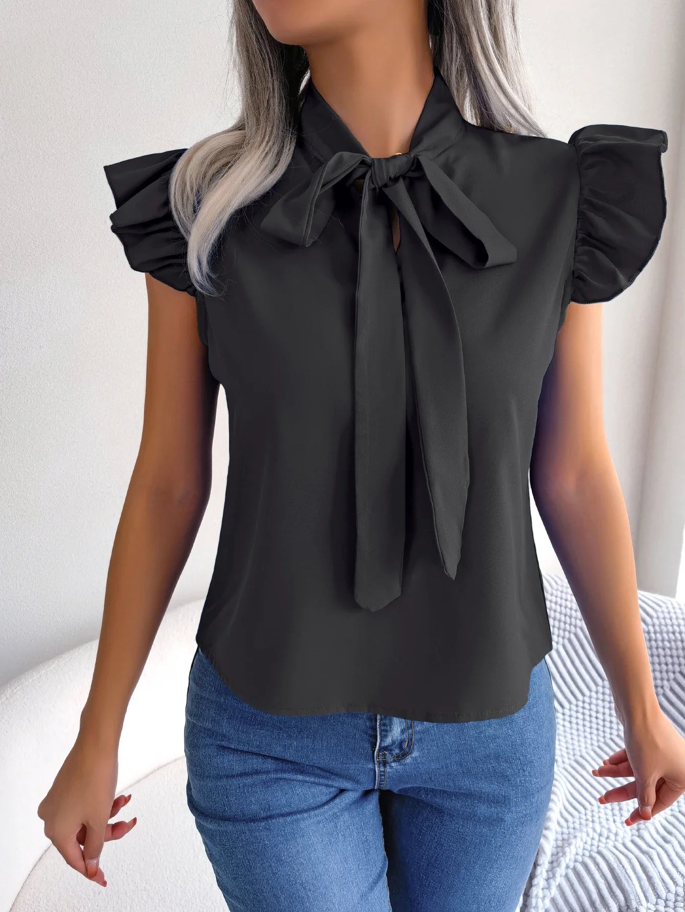 Ethel | Bow Tie Neck Ruffle Shoulder Sleeveless Casual Elegant Blouse