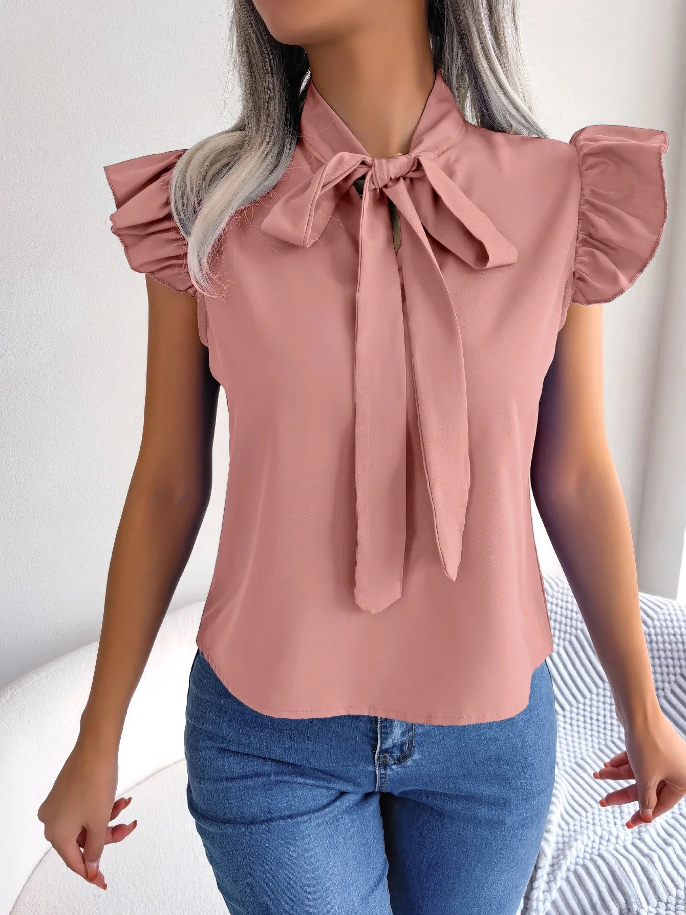 Ethel | Bow Tie Neck Ruffle Shoulder Sleeveless Casual Elegant Blouse