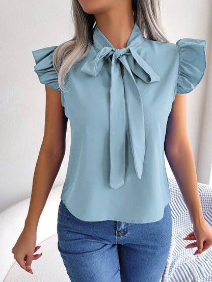 Ethel | Bow Tie Neck Ruffle Shoulder Sleeveless Casual Elegant Blouse