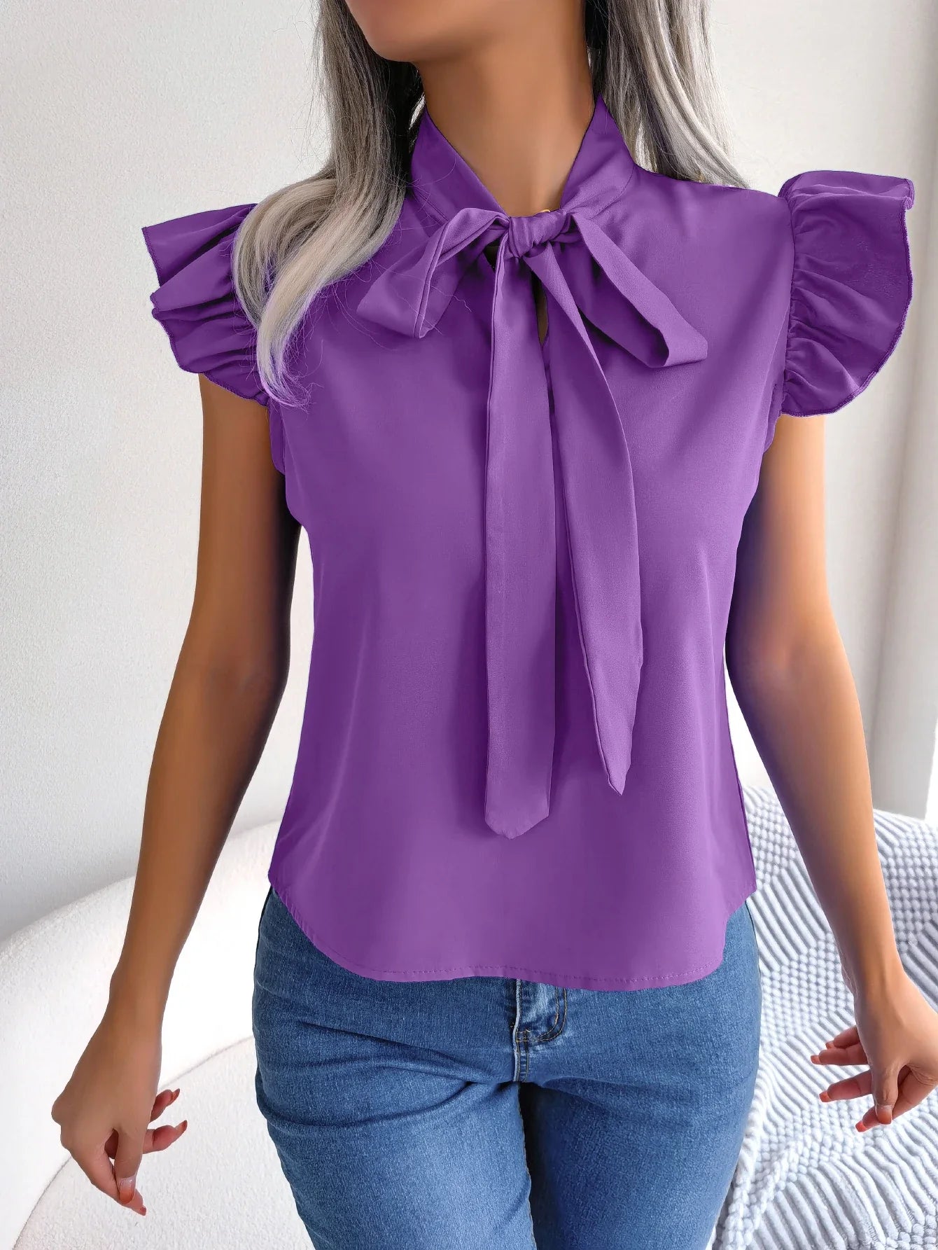 Ethel | Bow Tie Neck Ruffle Shoulder Sleeveless Casual Elegant Blouse