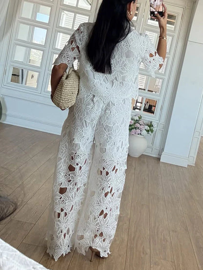 Elara | Women's Elegant Lace Cutout Shirt Wide Leg Two Piece Set