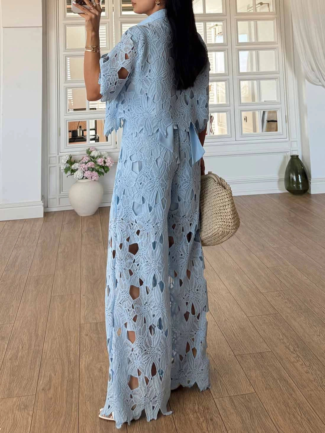 Elara | Women's Elegant Lace Cutout Shirt Wide Leg Two Piece Set