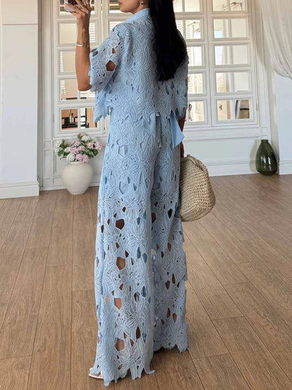 Elara | Women's Elegant Lace Cutout Shirt Wide Leg Two Piece Set