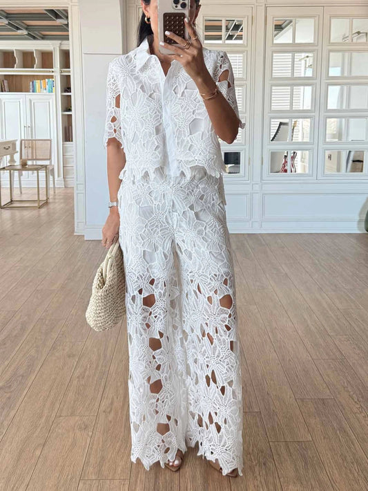 Elara | Women's Elegant Lace Cutout Shirt Wide Leg Two Piece Set