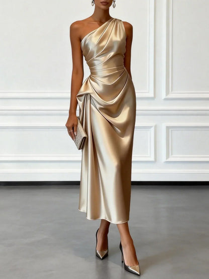 Aurelia | Women's One Shoulder Satin Midi Wedding Guest Dress