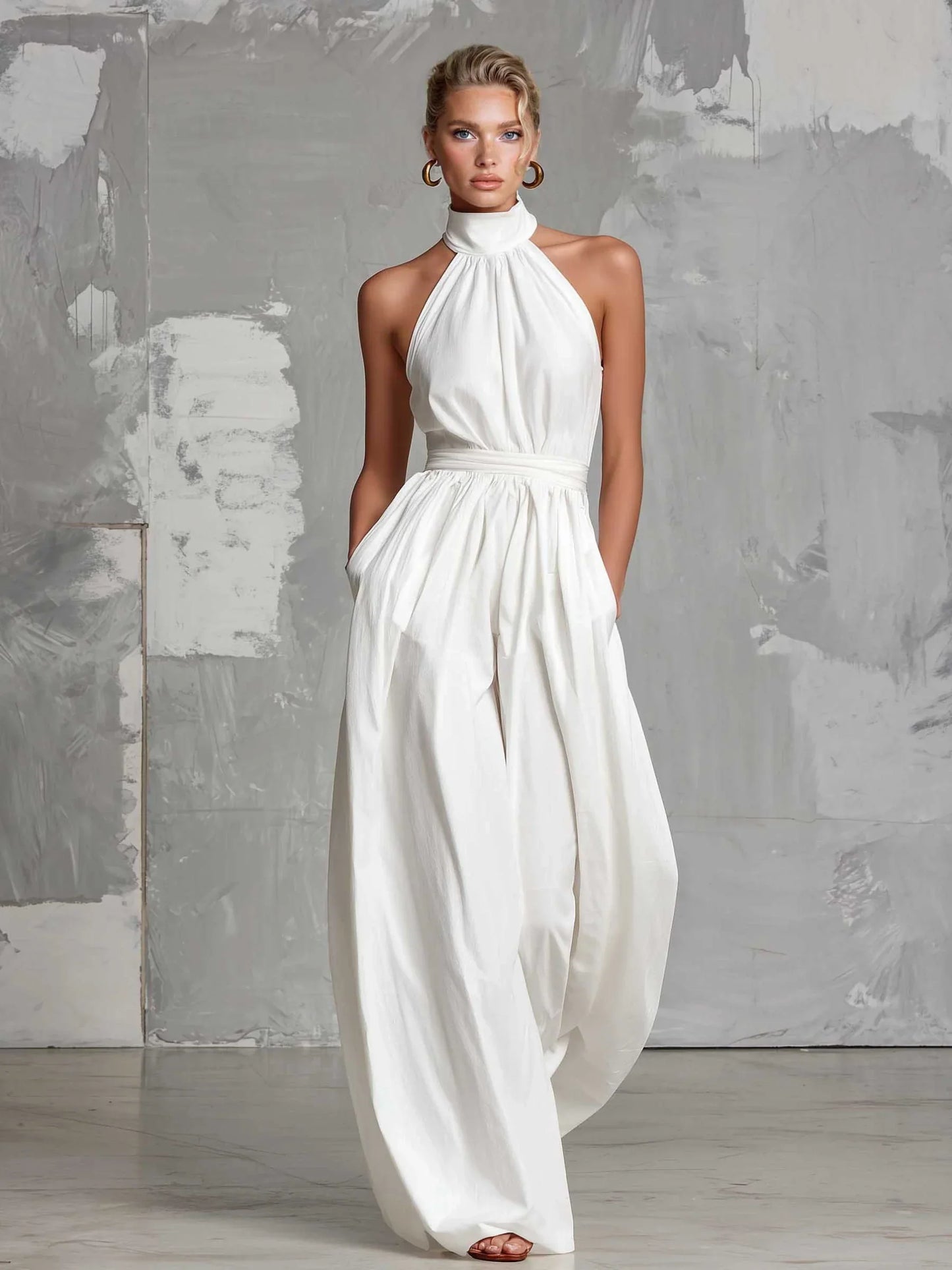 Valentina | Women's Boho Halter Backless Wide Leg Jumpsuit
