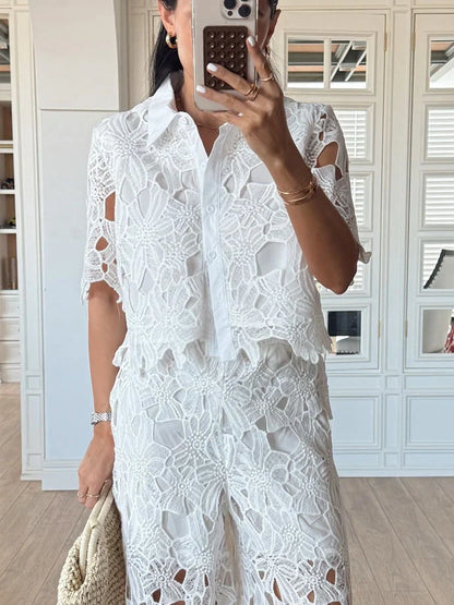 Elara | Women's Elegant Lace Cutout Shirt Wide Leg Two Piece Set
