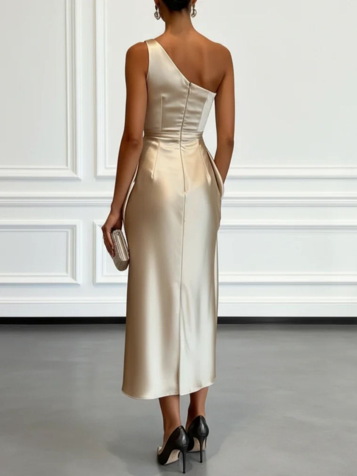 Aurelia | Women's One Shoulder Satin Midi Wedding Guest Dress