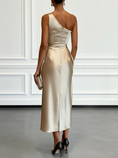 Aurelia | Women's One Shoulder Satin Midi Wedding Guest Dress