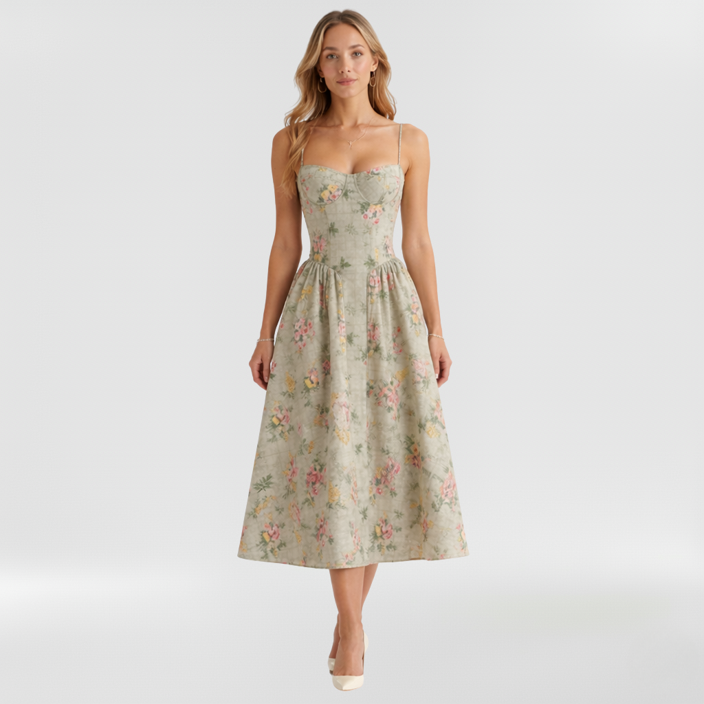 Floravienne | Floral Corset Bodice Spaghetti Strap Pleated Elegant Midi Dress