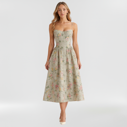Floravienne | Floral Corset Bodice Spaghetti Strap Pleated Elegant Midi Dress