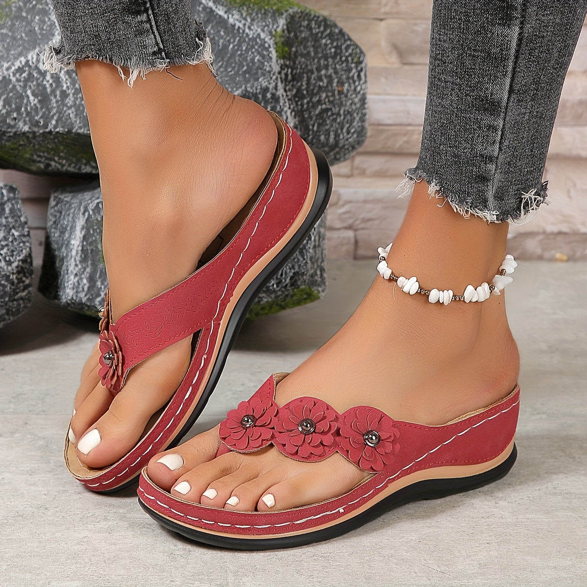Pippa | Floral Appliqué Thong Wedge Slip On Orthopedic Sandal