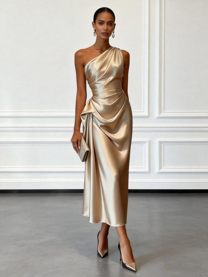 Aurelia | Women's One Shoulder Satin Midi Wedding Guest Dress
