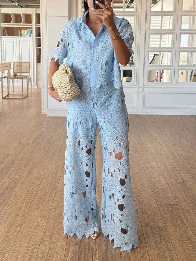 Elara | Women's Elegant Lace Cutout Shirt Wide Leg Two Piece Set