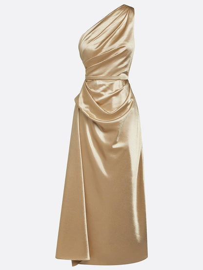 Aurelia | Women's One Shoulder Satin Midi Wedding Guest Dress