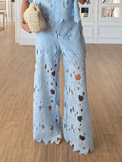 Elara | Women's Elegant Lace Cutout Shirt Wide Leg Two Piece Set