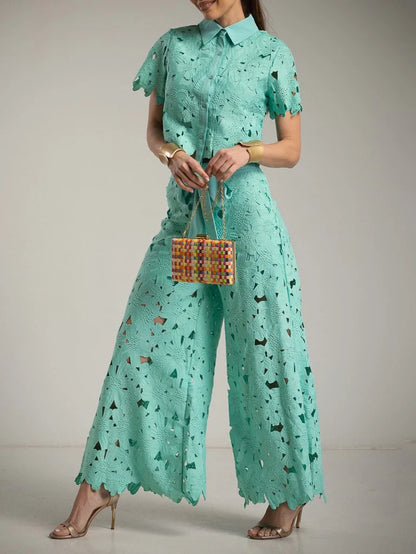 Elara | Women's Elegant Lace Cutout Shirt Wide Leg Two Piece Set