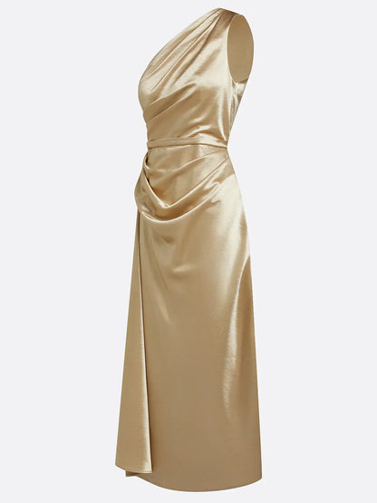 Aurelia | Women's One Shoulder Satin Midi Wedding Guest Dress