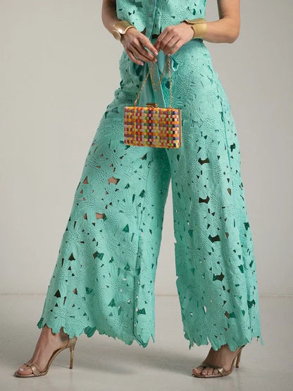 Elara | Women's Elegant Lace Cutout Shirt Wide Leg Two Piece Set