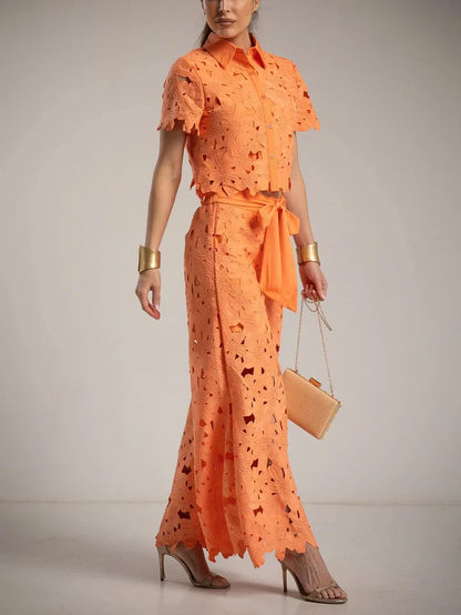 Elara | Women's Elegant Lace Cutout Shirt Wide Leg Two Piece Set